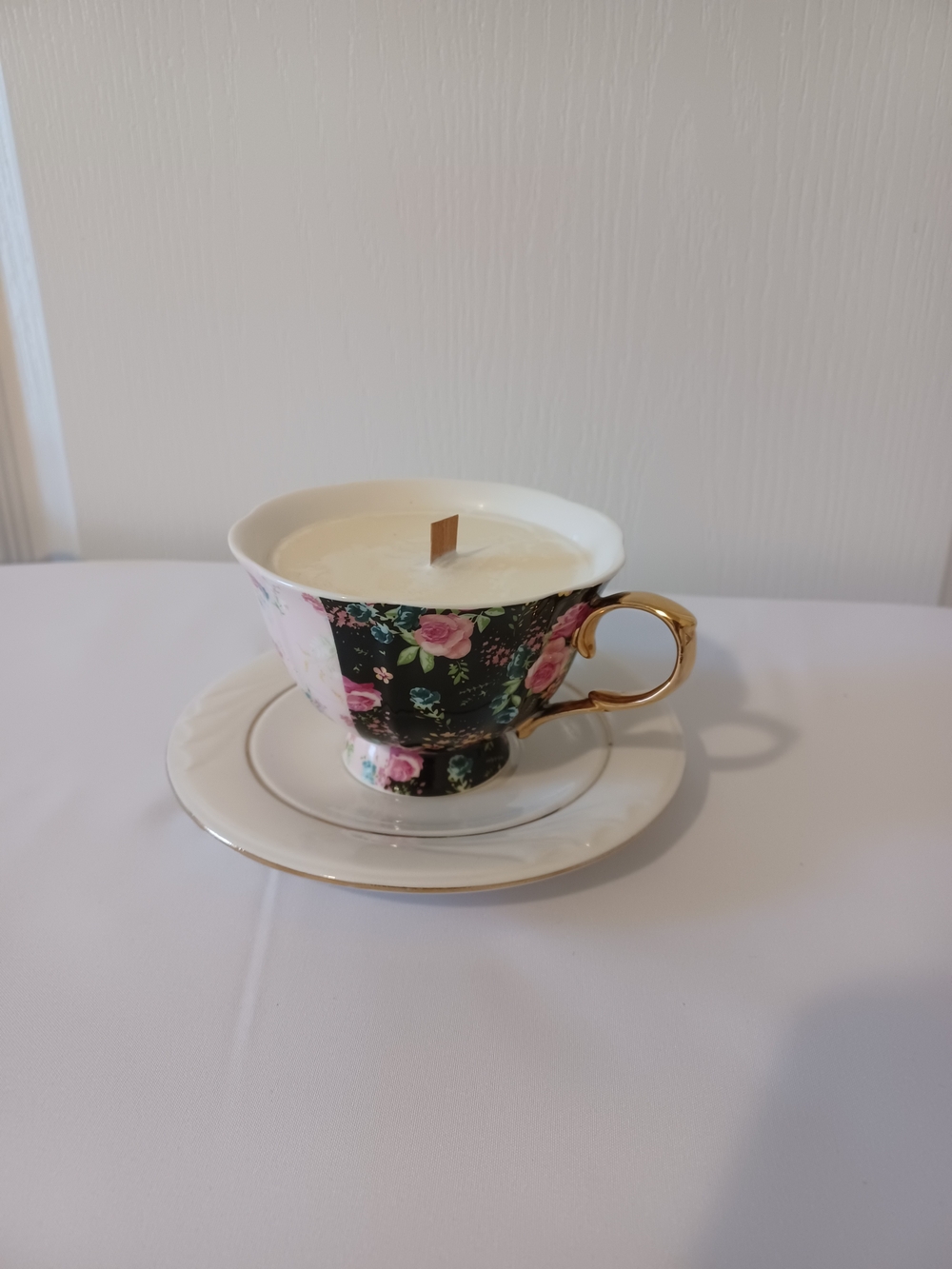 Floral Teacup Candle with Gold Handle